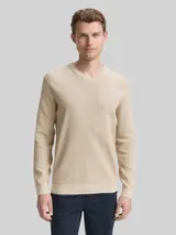 TOM TAILOR Herren Strickpullover mit V-Ausschnitt aus Bio-Baumwolle, beige, Meliert – Bild 4