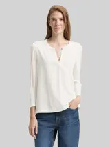 TOM TAILOR Damen Henley Langarmshirt im Material-Mix, weiß, Uni – Bild 4