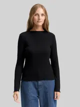 TOM TAILOR DENIM Damen Ripp Langarmshirt mit Stehkragen, schwarz, Uni – Bild 4