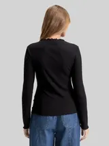 TOM TAILOR DENIM Damen Ripp Langarmshirt mit Stehkragen, schwarz, Uni – Bild 5