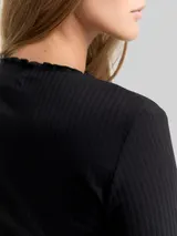 TOM TAILOR DENIM Damen Ripp Langarmshirt mit Stehkragen, schwarz, Uni – Bild 6