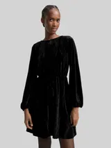 TOM TAILOR DENIM Damen Mini-Samtkleid mit Schleifen-Detail, schwarz, Uni – Bild 4