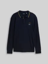 TOM TAILOR Herren Langarm Piqué Poloshirt mit Logo-Print, blau, Uni – Bild 3