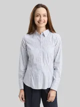 TOM TAILOR Damen Fitted Popeline Hemdbluse, blau, Gestreift – Bild 4