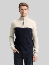 TOM TAILOR Herren Troyer Strickpullover mit Strukturmix, weiß, Colour Blocking – Bild 4