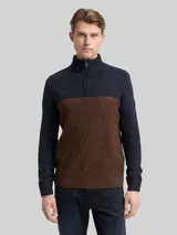 TOM TAILOR Herren Troyer Strickpullover mit Strukturmix, blau, Colour Blocking – Bild 4