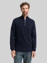 TOM TAILOR Herren Troyer Strickpullover mit Fischgrät-Struktur, blau, Uni – Bild 4