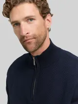 TOM TAILOR Herren Troyer Strickpullover mit Fischgrät-Struktur, blau, Uni – Bild 6