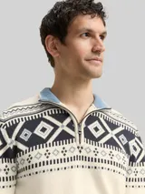 TOM TAILOR Herren Fair-Isle Troyer Strickpullover, weiß, Gemustert – Bild 6