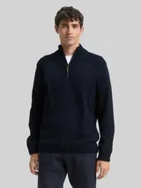TOM TAILOR Herren Troyer Strickpullover mit Ripp-Details, blau, Meliert – Bild 4