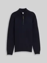 TOM TAILOR Herren Troyer Strickpullover mit Ripp-Details, blau, Meliert – Bild 3