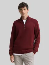 TOM TAILOR Herren Troyer Strickpullover mit Ripp-Details, rot, Meliert – Bild 4