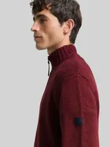 TOM TAILOR Herren Troyer Strickpullover mit Ripp-Details, rot, Meliert – Bild 6