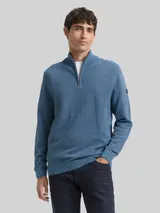 TOM TAILOR Herren Troyer Strickpullover aus Baumwolle, blau, Uni – Bild 4