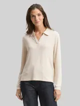 TOM TAILOR Damen Cosy Langarmshirt mit Polokragen, beige, Meliert – Bild 4