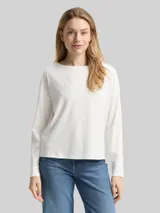 TOM TAILOR Damen Loose Fit Langarmshirt mit Rippstruktur, weiß, Uni – Bild 4