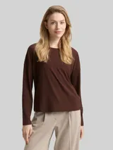 TOM TAILOR Damen Loose Fit Langarmshirt mit Rippstruktur, braun, Uni – Bild 4