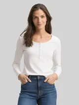 TOM TAILOR Damen Slim Fit Henley Langarmshirt, weiß, Uni – Bild 4