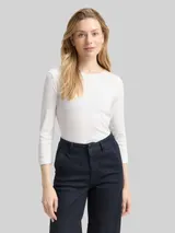TOM TAILOR Damen Slim Fit Langarmshirt mit Glitzer-Logo, weiß, Uni – Bild 4