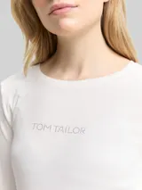 TOM TAILOR Damen Slim Fit Langarmshirt mit Glitzer-Logo, weiß, Uni – Bild 6