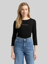 TOM TAILOR Damen Slim Fit Langarmshirt mit Glitzer-Logo, schwarz, Uni – Bild 4