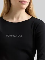 TOM TAILOR Damen Slim Fit Langarmshirt mit Glitzer-Logo, schwarz, Uni – Bild 6