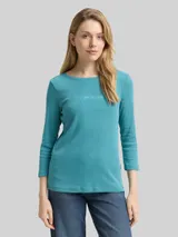TOM TAILOR Damen Slim Fit Langarmshirt mit Glitzer-Logo, blau, Uni – Bild 4