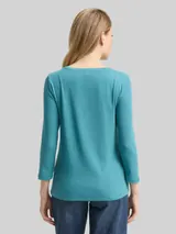 TOM TAILOR Damen Slim Fit Langarmshirt mit Glitzer-Logo, blau, Uni – Bild 5