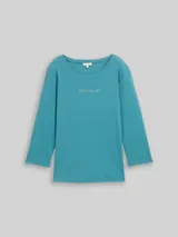 TOM TAILOR Damen Slim Fit Langarmshirt mit Glitzer-Logo, blau, Uni – Bild 3