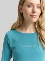 TOM TAILOR Damen Slim Fit Langarmshirt mit Glitzer-Logo, blau, Uni – Bild 6