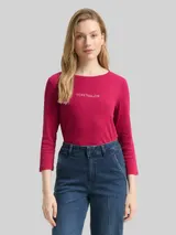 TOM TAILOR Damen Slim Fit Langarmshirt mit Glitzer-Logo, rot, Uni – Bild 4