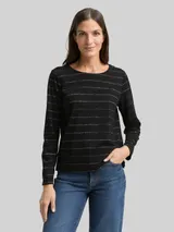 TOM TAILOR Damen Langarmshirt mit Glitzer-Streifenmuster, schwarz, Gestreift – Bild 4