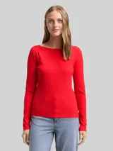 TOM TAILOR DENIM Damen Slim Fit Langarmshirt mit U-Boot-Ausschnitt, rot, Uni – Bild 4