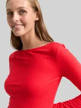 TOM TAILOR DENIM Damen Slim Fit Langarmshirt mit U-Boot-Ausschnitt, rot, Uni – Bild 6