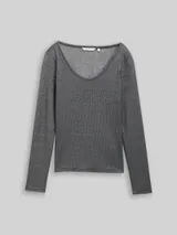 TOM TAILOR DENIM Damen Slim Fit Langarmshirt mit Glitzer-Effekt, schwarz, Uni – Bild 3