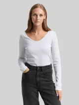 TOM TAILOR DENIM Damen Slim Fit Langarmshirt mit Glitzer-Effekt, weiß, Uni – Bild 4