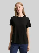 TOM TAILOR DENIM Damen Loose Fit T-Shirt mit Glitzer-Stickerei, schwarz, Uni – Bild 4