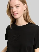 TOM TAILOR DENIM Damen Loose Fit T-Shirt mit Glitzer-Stickerei, schwarz, Uni – Bild 6