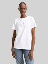TOM TAILOR DENIM Damen Loose Fit T-Shirt mit Glitzer-Stickerei, weiß, Uni – Bild 4