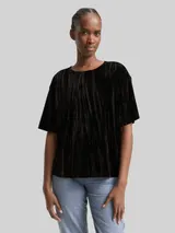 TOM TAILOR DENIM Damen Loose Fit T-Shirt aus Samt, schwarz, Uni – Bild 4