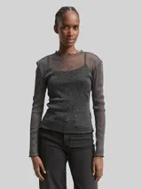 TOM TAILOR DENIM Damen Mesh Langarmshirt mit Glitzer-Effekt, schwarz, Uni – Bild 4