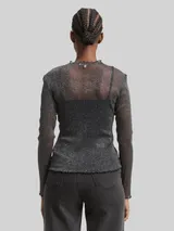TOM TAILOR DENIM Damen Mesh Langarmshirt mit Glitzer-Effekt, schwarz, Uni – Bild 5