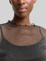 TOM TAILOR DENIM Damen Mesh Langarmshirt mit Glitzer-Effekt, schwarz, Uni – Bild 6