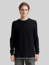 TOM TAILOR DENIM Herren Langarmshirt im 2-in-1-Look, schwarz, Uni – Bild 4