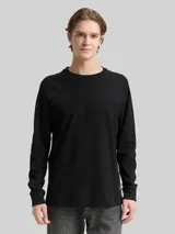 TOM TAILOR DENIM Herren Langarmshirt mit Waffelstruktur, schwarz, Uni – Bild 4