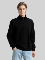 TOM TAILOR DENIM Herren Troyer Sweatshirt mit Logo-Badge, schwarz, Uni – Bild 4
