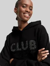 TOM TAILOR DENIM Damen Oversize Hoodie Sweatshirt mit Glitzer-Applikation, schwarz, Uni – Bild 6