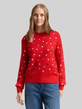 TOM TAILOR DENIM Damen Relaxed Fit Strickpullover mit Stickereien, rot, Gemustert – Bild 4