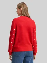 TOM TAILOR DENIM Damen Relaxed Fit Strickpullover mit Stickereien, rot, Gemustert – Bild 5