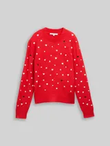TOM TAILOR DENIM Damen Relaxed Fit Strickpullover mit Stickereien, rot, Gemustert – Bild 3